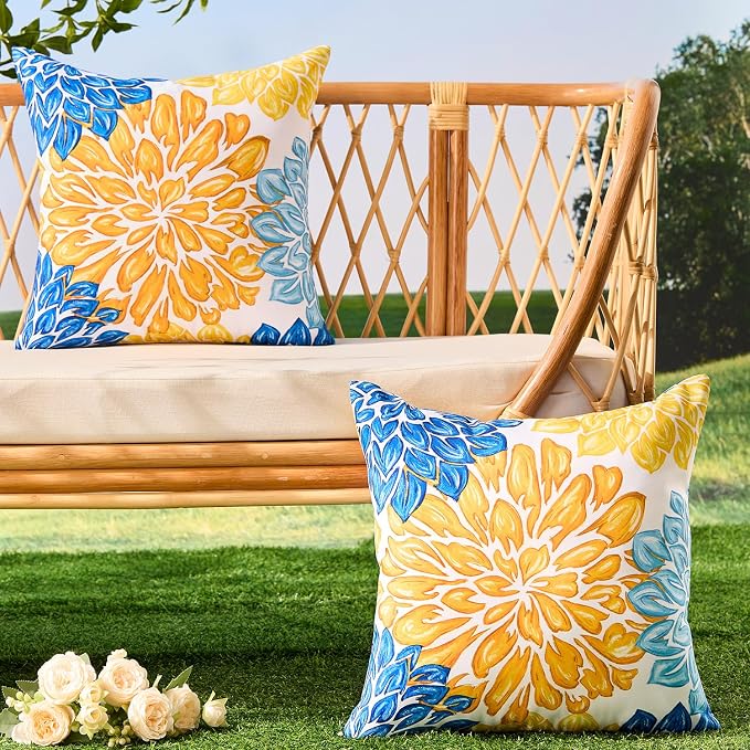 Allorry Outdoor Pillow Covers 18x18 Set of 2 Vintage Yellow Blue Flower Pattern Decoration Throw Pillow Covers for Spring Summer Outdoor Waterproof Garden Patio Sofa Bedroom Home Decor JB012-A18