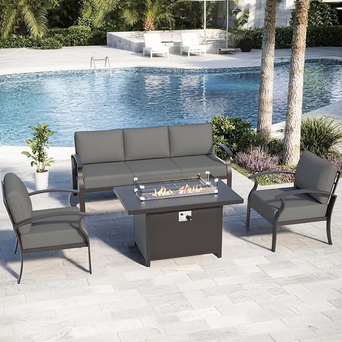 ALAULM Aluminum Patio Furniture Set with Propane Fire Pit Table 5-seat Metal Outdoor Furniture w/Fire Pit Sectional Sofas w/5.1" Cushions for Patio, Backyard, Poolside-Grey