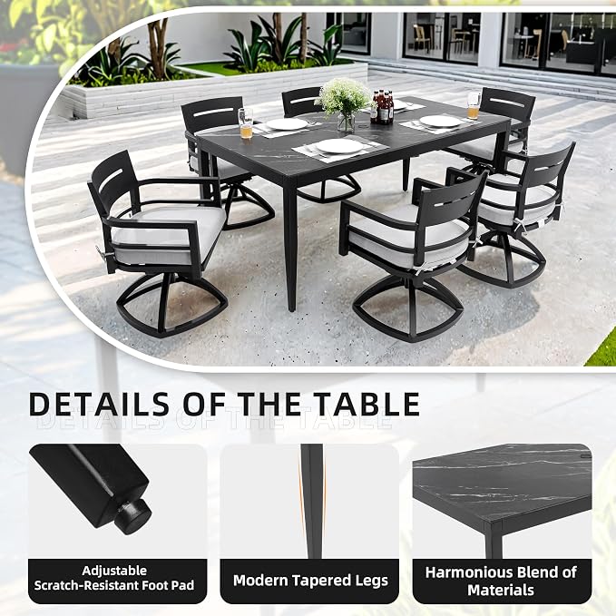 Outdoor Aluminum Marble Dining Table for 6-8, 71” Luxury Patio Table with Black Sintered Stone Top, Post Tapered Legs for Garden, Lawn, Weatherproof & Rust-Free