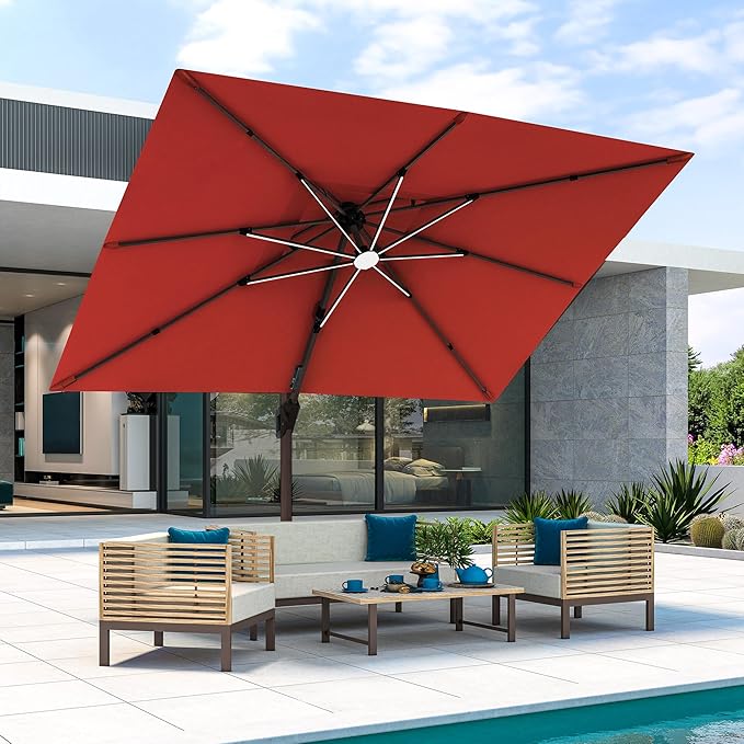 JZAC & QZYD 9x12 FT Outdoor Cantilever Patio Umbrella with LED Lights, Large Heavy Duty 2-Tier Aluminum Offset Umbrellas with 360-Degree Rotation for Pool Deck, Red