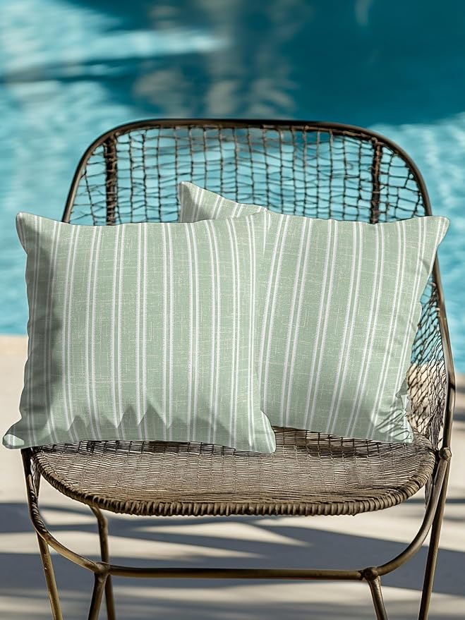 Waterproof Outdoor Pillow Set of 2 Green Linen Striped Decorative Throw Pillows Cover & Insert 18x18 Inch Pillowcase Vertical Stripes Lines Pillows for Couch Sofa Bed Patio Furniture Indoor Outdoor