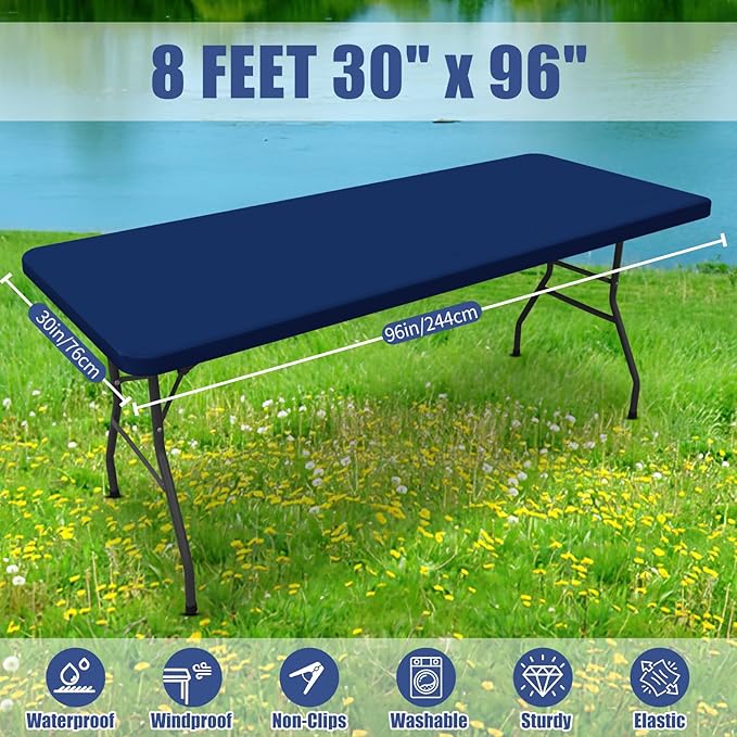 Moosfor Spandex 8 Foot Rectangle Table Cloth 2 Pack, Elastic Fitted Tablecloths for Picnic, Stretch Washable Patio Table Cover for Outdoor, Camping, Banquet and Parties (Navy, 30"x96")