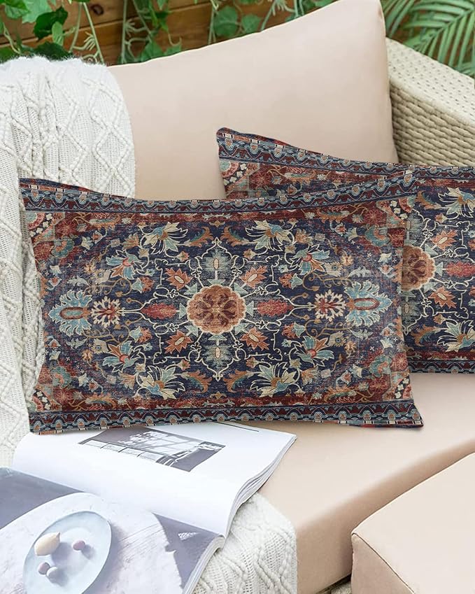 Waterproof Throw Pillow Covers for Couch Patio Living Room Furniture Garden Balcony, Vintage Flower Pattern Rectangle Cushion Cases Home Decorations, 20 x 12 Inch Set of 2