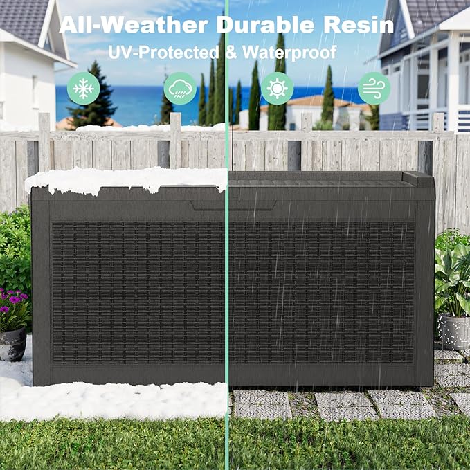 Vixzen 60 Gallon Outdoor Deck Box, Lockable Waterproof Storage Box, Resin Outdoor Storage Bench for Gardening Tools, Pool Supplies (Black, 60 Gallon)