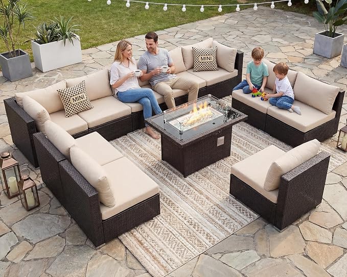 BULEXYARD 11 Piece High Back Wicker Patio Furniture Sets with Fire Pit, Luxury Plus Size Outdoor Seating Set, Comfortable Extra Wide Deep 10-Seater Sectional Couch Sofa for Outside, Brown & Beige
