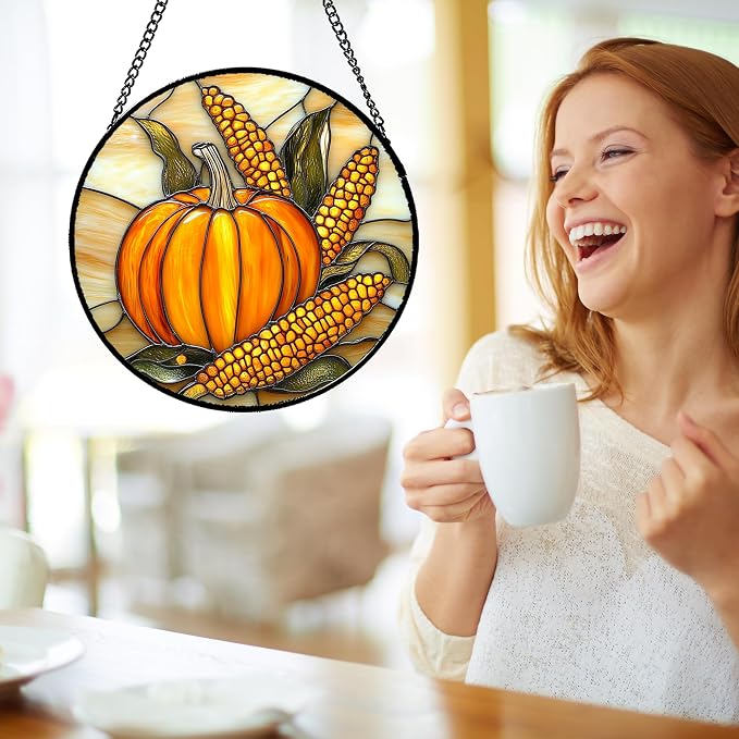 DASTOLL Stained Glass Window Hanging Autumn Harvest Pumpkin Corn Large 11.8" - Suncatcher Door Garden Kitchen Sunroom Sun Catcher Fall Home Decor Birthday for Mom Grandma Men Woman