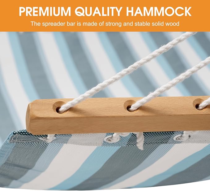 Lazy Daze Hammocks 12 FT 2 Person Double Quick Dry Textilene Hammock with Curved Steel Heavy Duty Stand for Outside, Backyard, Patio, 450 Lbs Capacity, Blue White Stripes