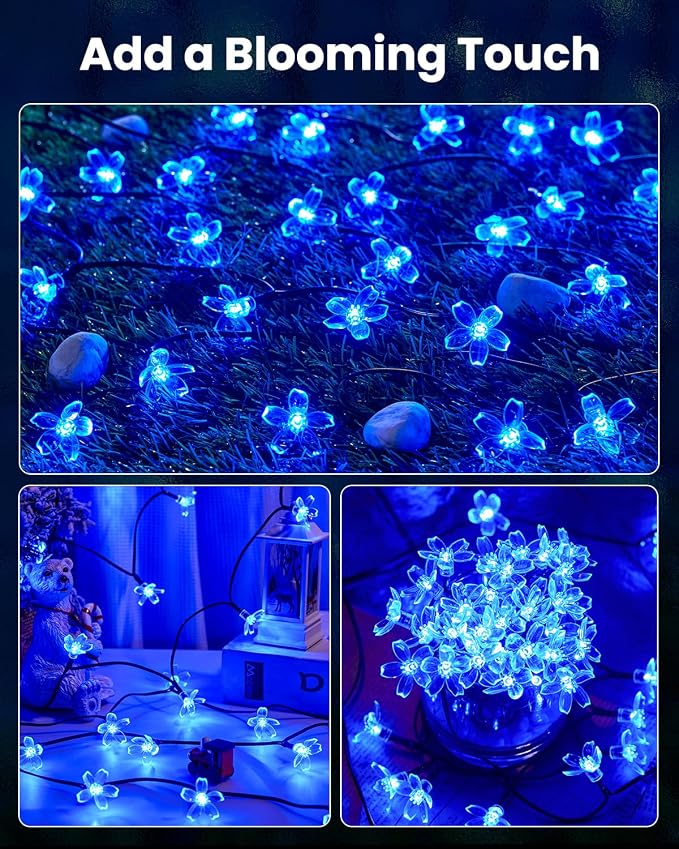 Brightown 2 Pack Total 52FT 120 LED Solar Flower String Lights for Outside Waterproof Fairy Lights for Garden Yard Fence Patio Christmas Tree Wedding Party Decor, Blue