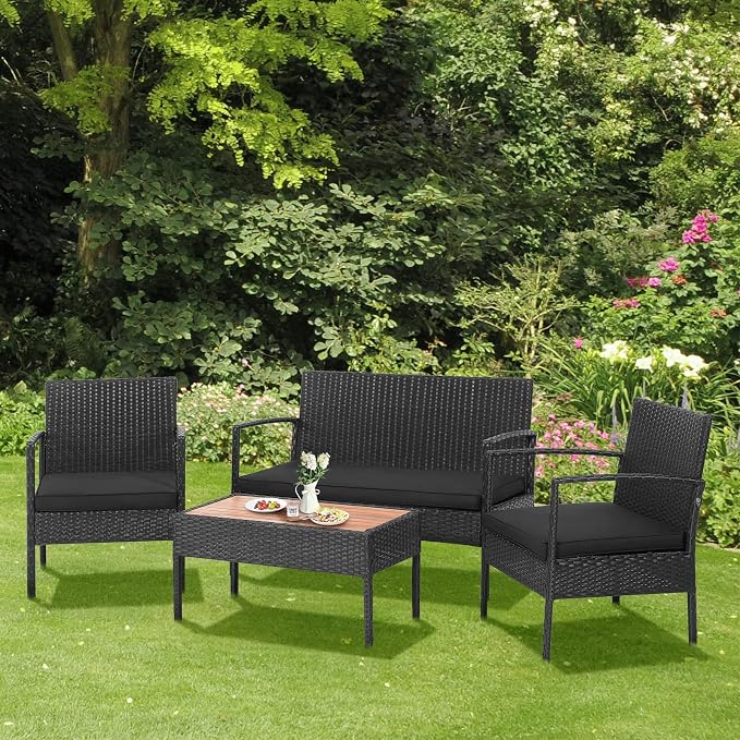 Tangkula 4 Piece Patio Rattan Conversation Set, Outdoor Wicker Sofa Furniture with Loveseat & 2 Single Chairs, Acacia Wood Tabletop, Outside Sectional for Poolside, Deck, Garden (1, Black)