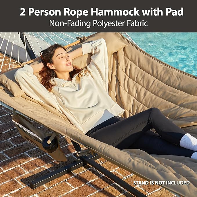 CHULIM Outdoor Double Hammock with Hardwood Spreader Bars, Large Rope Hammock with Polyester Pad and Pillow, 475 LBS Capacity for 2 Person Patio Backyard Poolside - Tan