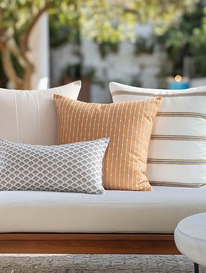 Modern Farmhouse Fall Linen Indoor Outdoor Throw Pillow Cover Only, 22"x22" Water Repellent for Patio, Backyard, Couch, Neutral Honey Mustard Embroidered Stripes