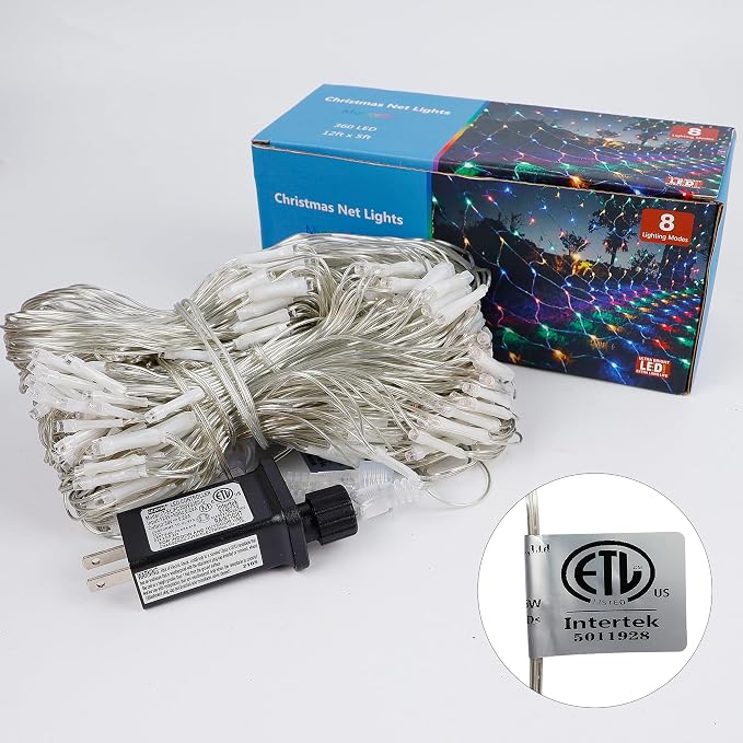 LJLNION Christmas Net Lights, 360 LED 12ft x 5ft Connectable Mesh Fairy String Lights,8 Modes Low Voltage Safe Adaptor for Xmas Trees, Bushes, Wedding, Outdoor Garden Decorations, Multicolor