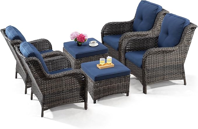 Wicker Chair Set 6 Pieces - Outdoor Wicker Patio Furniture Set with 4 Armchairs and 2 Ottomans, Olefin Cushions Included(Mixed Grey/Blue)