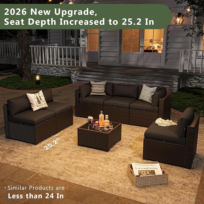 Aoxun 7 Piece Patio Furniture Set, Wicker Rattan Patio Sectional Sofa, Outdoor Furniture Set with Thickened Cushion, Black