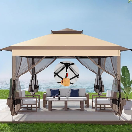 COBIZI Pop Up Gazebo 11x11 One-Push Canopy Tent, Carpas para Patio, Outdoor Canopy Shelter with Double Roof Ventiation 121 Square Feet of Shade for Lawn, Garden, Backyard and Deck,Brown(Upgraded 2.0)