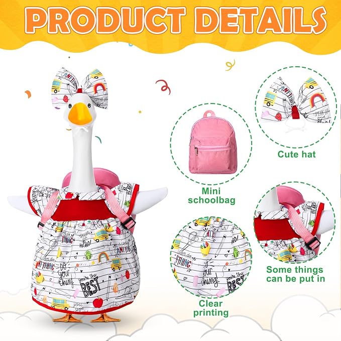 Abbylike Back to School Porch Goose Outfit Fit 23 Inch Lawn Statue Student Goose Skirt with Pink School Bag and Bow Headband for Garden Classroom Patio Lawn Yard Outdoor Garden Decoration