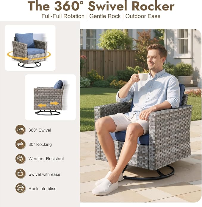 9 Pieces Patio Furniture Set, Wicker Outdoor Sectional Sofa with Swivel Chair Comfy Cushions, Modern Modular Deep Seat Rattan Couch Conversation Set for Backyard Porch Yard,Denim Blue