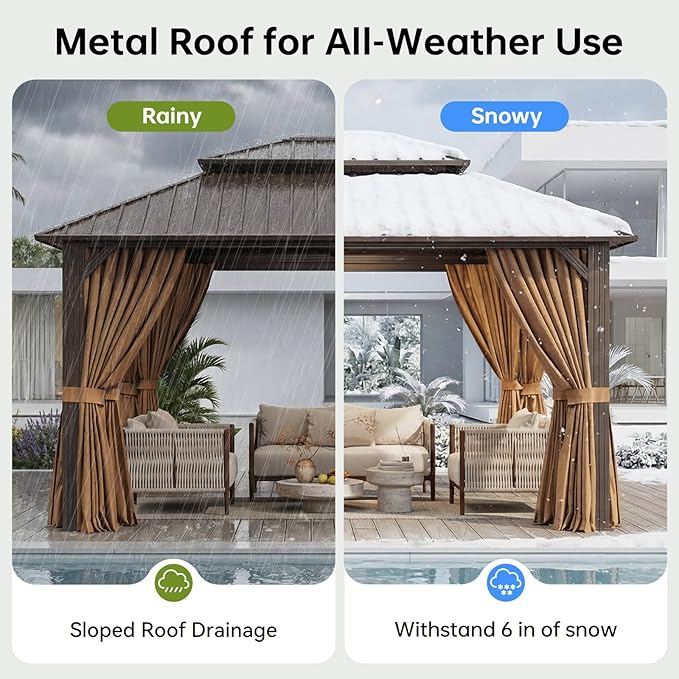 12x14FT Hardtop Gazebo, Metal Frame with Double Galvanized Steel Roof, Permanent Outdoor Pergola with Curtains and Netting Included for Backyard, Patio, Lawn and Garden, Brown