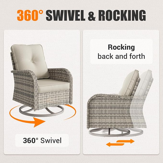 7Pcs Patio Rocking Swivel Chair with 55,000 BTU Fire Pit Table Outdoor Wicker Rattan Bistro Set with Tempered Glass Side Table, Outdoor Patio Furniture Set for Garden and Balcony, White