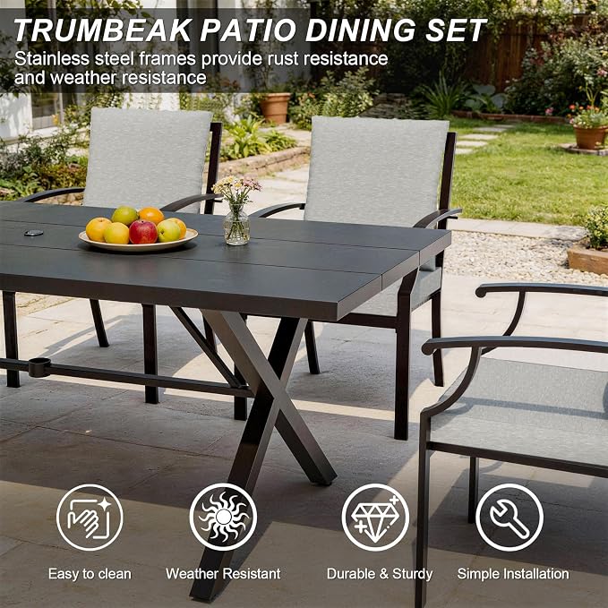 Patio Dining Set for 8 with 13.6ft Double-Sided Patio Umbrella,Outdoor Dining Set of 4 Metal Chairs and 2 Swivel Chairs with Umbrella Hole Table for Backyard,Garden,and Poolside(Grey)