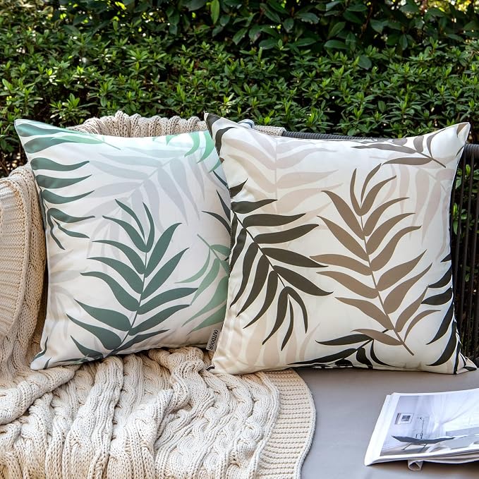 MIULEE Outdoor Waterproof Throw Pillow Covers 16x16 Coffee Brown Pack of 2 | Decorative Patio Pillow Cases Natural Leaves Pattern Spring Square Cushion Shams Shell for Garden Balcony Couch