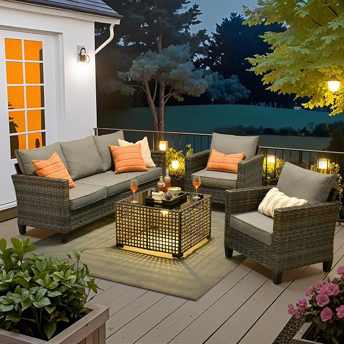 4 Piece Wicker Patio Furniture Set with Solar Table, Dark Gray | Outdoor Deep Seating Sofa Chair, Solar Lights Table, All Weather Rattan, Modern Conversation Set, Porch Deck Backyard