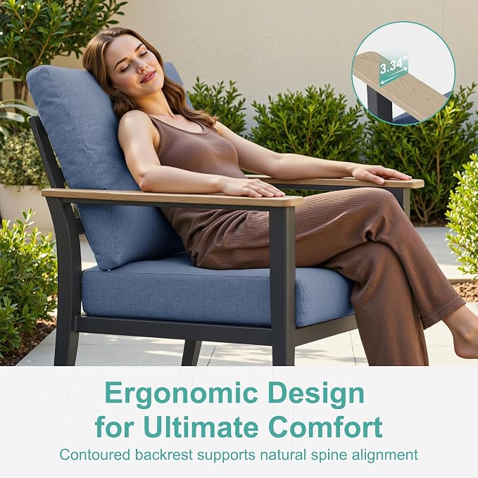 Aluminum Outdoor Patio Furniture Set with Swivel Rocking Chairs 4-Seat, Patio Sectional Sofa Patio Conversation Set with 55,000 BTU Fire Pit Table High Backrest & Thickened Cushions, Navy Blue