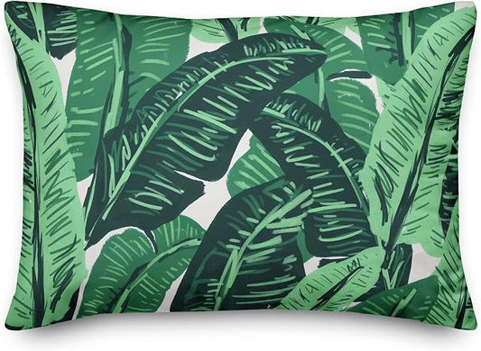 Painted Green Palms Indoor/Outdoor Pillow | Decorative Pillows for Living Room Couch Bed Sofa Patio, Fluffy Soft Cushion | Water Resistant Green, 14x20