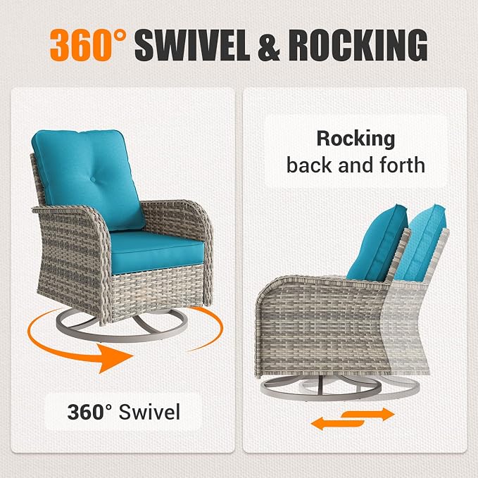 13-Piece Outdoor Patio Furniture Set with Rocking Swivel Chair, PE Wicker Rattan Sectional Sofa Patio Conversation Set with 55,000 BTU Fire Pit Table & Coffee Table, Turquoise