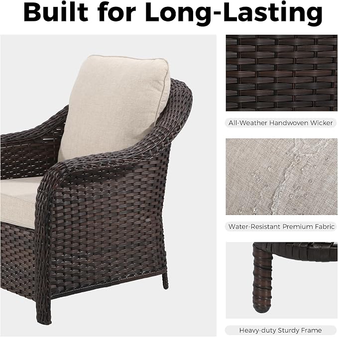 3 Piece Patio Wicker Conversation Set, All-Weather Use Outdoor Wicker Loveseat with 2 PE Rattan Ottomans, Ideal for Porch, Backyard, Balcony, Poolside, Beige