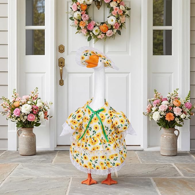 Spring Porch Goose Outfit Sunflower Porch Goose Clothes for 23 Inch Lawn Cement or Plastic Geese Statue Geese Skirt Costume with Hat Dress for Spring Outdoor Patio Garden Holiday Decoration