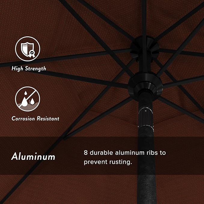 California Umbrella 9' Round Aluminum Market Umbrella, Crank Lift, Push Button Tilt, Black Pole, Terracotta Olefin