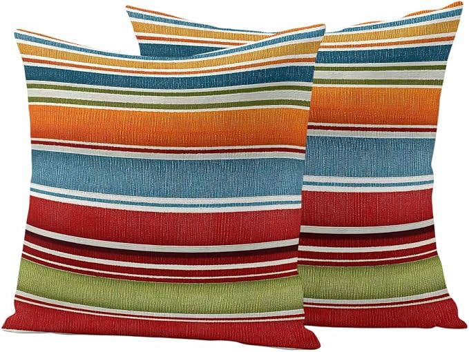 Outdoor Waterproof Pillow Covers for Patio Modern Red Orange Blue Stripes Decorative Throw Pillow Cover Abstract Fabric Stripes Pillowcases Set of 2 Cushion Case for Sofa Couch Chair 20x20 Inch