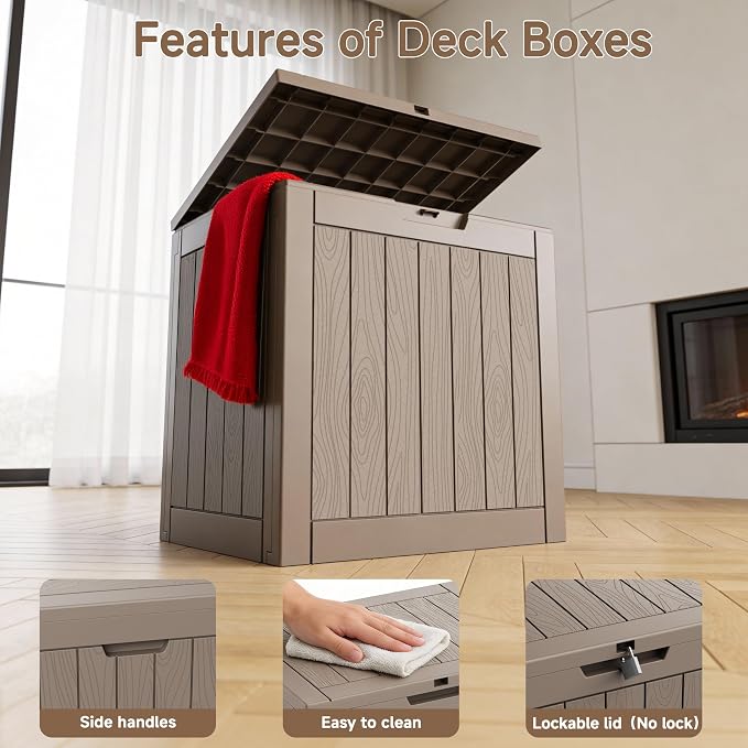 EasyUp 35 Gallon Deck Box Small Deck Box for Indoor and Outdoor,Waterproof Storage Boxs for Patio Furniture,Garden Tools,Cushions, Lockable and UV Resistant,Easy to Install(Grey)