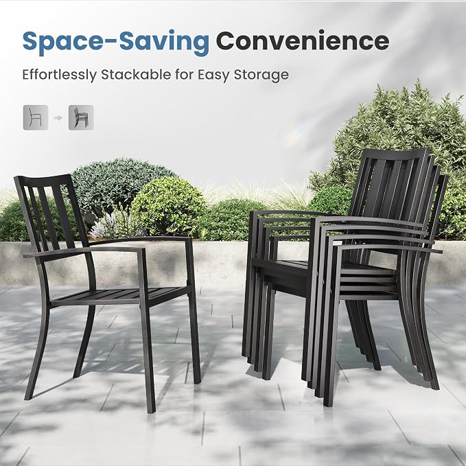 PHI VILLA 5 Pcs Patio Dining Set, 42" Round Steel Table w/Umbrella Hole | Round metal table w/ 1.57" umbrella hole&4 Black Stacking Metal Chairs for Patio, Deck, Yard, Porch