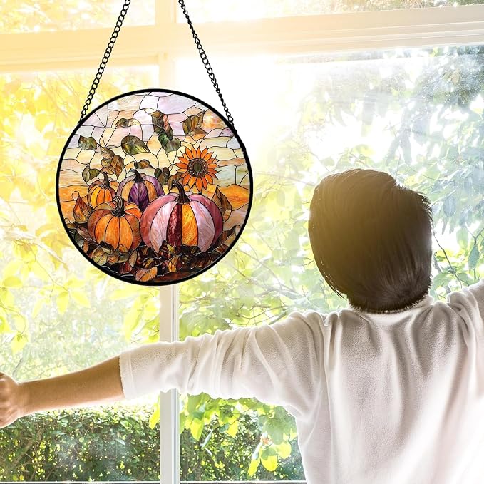 DASTOLL Stained Glass Window Hanging, Pumpkin Sunflower Suncatcher Diamond Glass Panel Sun Catchers Decor for Birthday for Women, Men, Wife, Aunt, and Mom 14.9x14.9 in