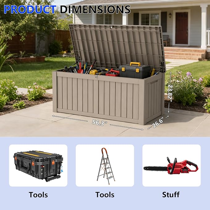 150 Gallon Outdoor Storage Box Resin Deck Box All Weather Waterproof Large Lockable Storage Container Deck Box for Patio Furniture, Garden Tools, Lockable, Grey
