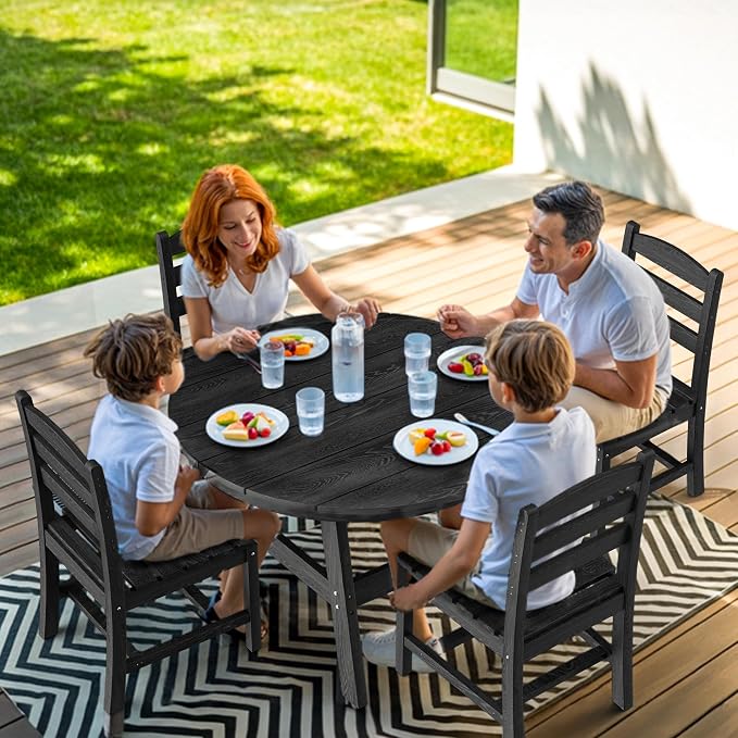 Pamapic 5 PCS Round Outdoor Dining Set, Wood Grain HDPE Outdoor Table and Chairs with 105° Ergonomic Backrest, Durable Patio Dining Table with Umbrella Hole, Black