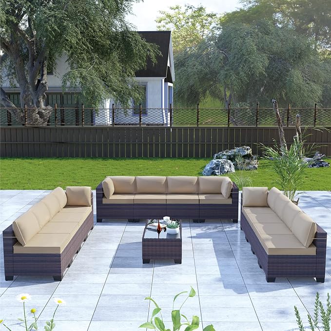 Kullavik 14 Pieces Outdoor Patio Furniture Set,Sectional Rattan Sofa Set Brown PE Rattan Wicker Patio Conversation Set with Tempered Glass Coffee Tables and Washable Cushions Covers,Sand