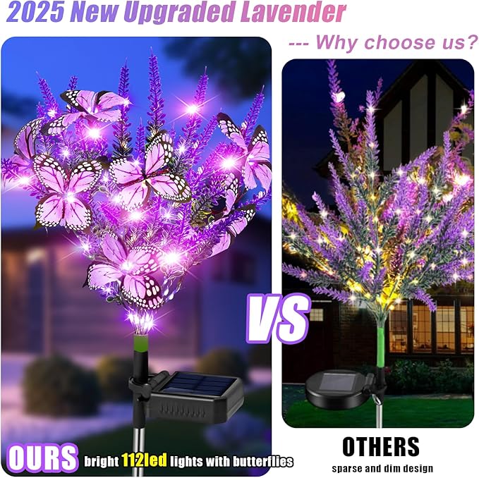 NBQQ Solar Garden Lights Outdoor 4 Pack Lavender Butterfly Lights, Solar Artificial Flower Outdoor Waterproof Decoration Gardening Gifts for Women, Yard Patio Pathway Lawn Courtyard Decoration