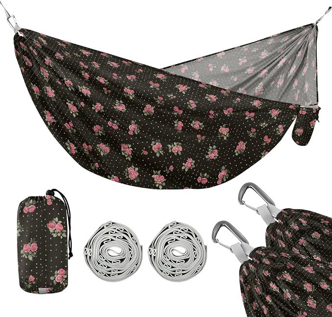 Camping Hammock Outdoor Hammocks for Outside Rose Dots Floral Black Beach Trees Portable Lightweight with Pockets Tree Straps Indoor