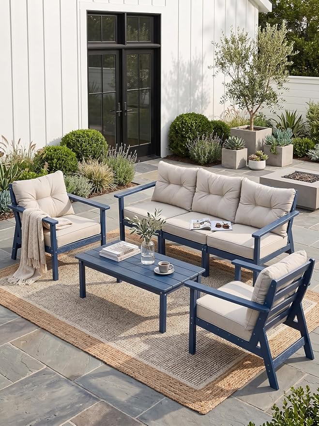 2 Seat HDPE Patio Loveseat, Outdoor Conversation Bench, Patio Furniture | Water-Resistant Thick Cushion, HDPE All Weather, Wood-Grain, No Rot or Rust or Crack, UV Fade Shield, Easy-Clean for Outside