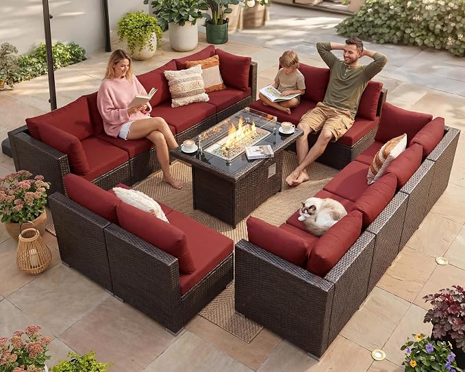 NICESOUL 13 Piece Patio Furniture w/Fireplace, Elegant Outdoor Seating w/Firepit, XL 29.3'' High Back Sectional Sofa, All-Weather Rattan Deck Couch, Modular Sturdy Conversation Set, Brown & Red