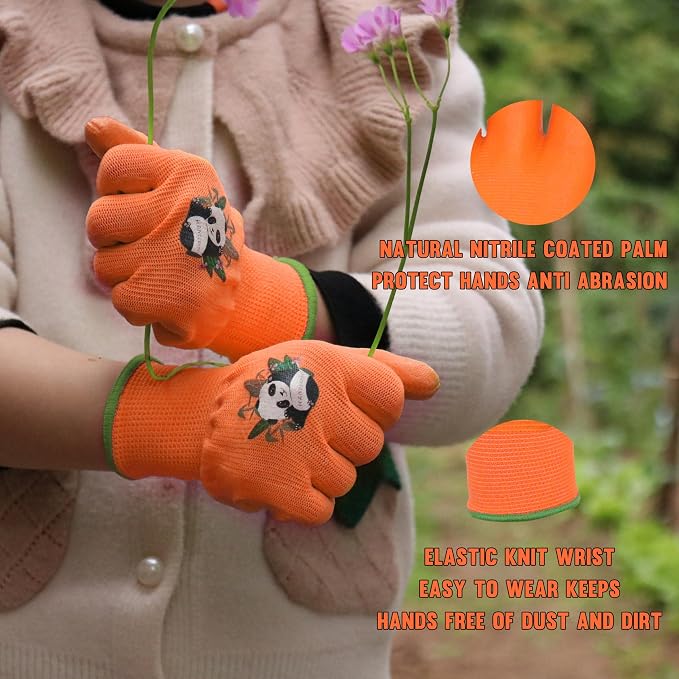 HANDLANDY 2 Pairs Kids Gardening Gloves, Grippy Kids Work Gloves, M | Nitrile Coated Children Toddler Garden Yard Work Cycling Outdoor Playing Gloves for Girls Boys