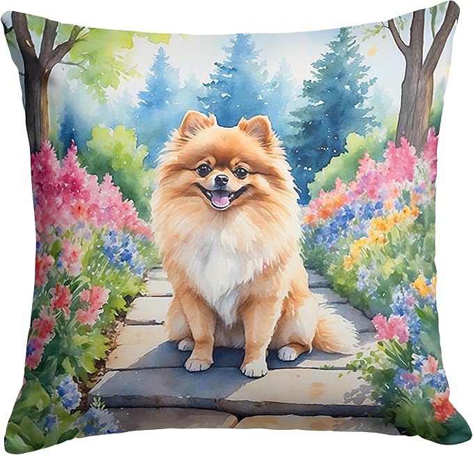Caroline's Treasures Pomeranian Spring Path Throw Pillow Machine Washable, Indoor Outdoor Decorative Pillow for Couch, Bed or Patio, 14Hx14W