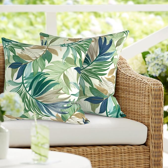 DYTXIII Pack of 2 Outdoor Waterproof Pillow Covers ONLY, 18"x18" Square Decorative Double Printed Throw Pillow Cases for Patio Couch Porch Furniture, Lush Leaf Green