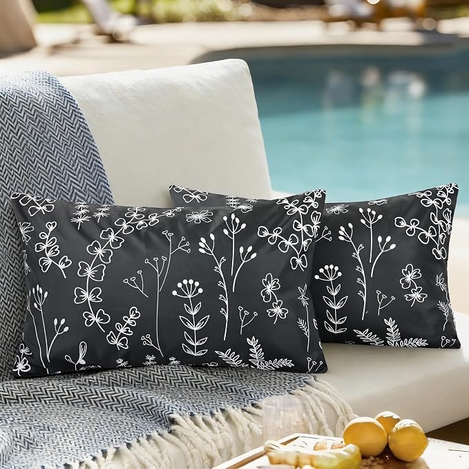 Black Floral Outdoor Pillow Covers 12x20 Inch Set of 2 | Waterproof Throw Pillow Cover, Summer Decorative Outdoor Cushion Cases for Patio Garden Beach Tent Balcony Couch Sofa