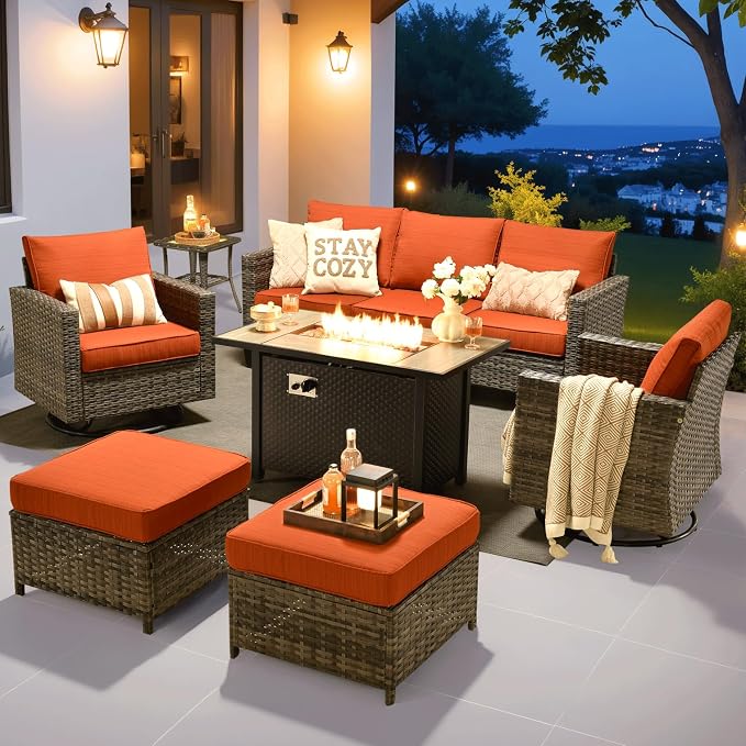 ovios 7 Pieces Patio Furniture Set with 42" Fire Pit Table, Outdoor Wicker Sofa with Swivel Chairs, All Weather High Back Rattan Couch Conversation Set, Orange Red