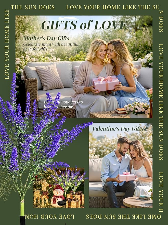 GIGALUMI Solar Garden Lights with Lavender, LED Garden Decor Carefree Solar Flowers Outdoor Waterproof, Yard Decorations Outdoor, Allergy-Free Everlasting Light up Flowers for Yard Patio (Set of 1)