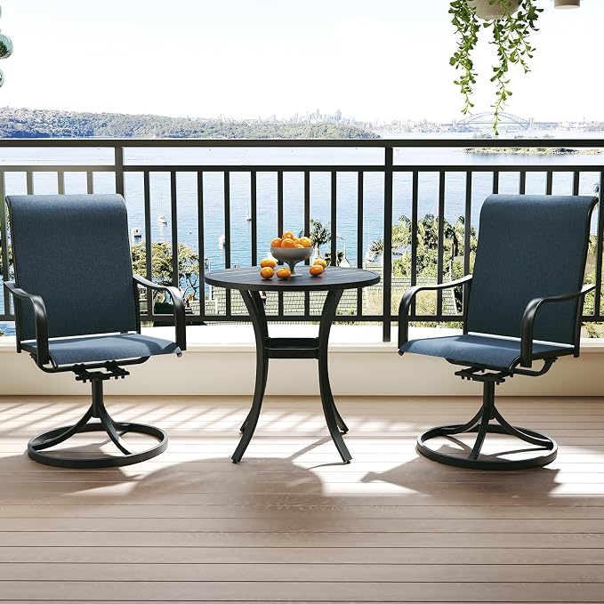 Anmutig 3-Piece Outdoor Patio Dining Set, 27.5" Black Round Table with 2 Swivel Rocking Patio Chairs Furniture Set for Kitchen Garden, Backyard, Blue
